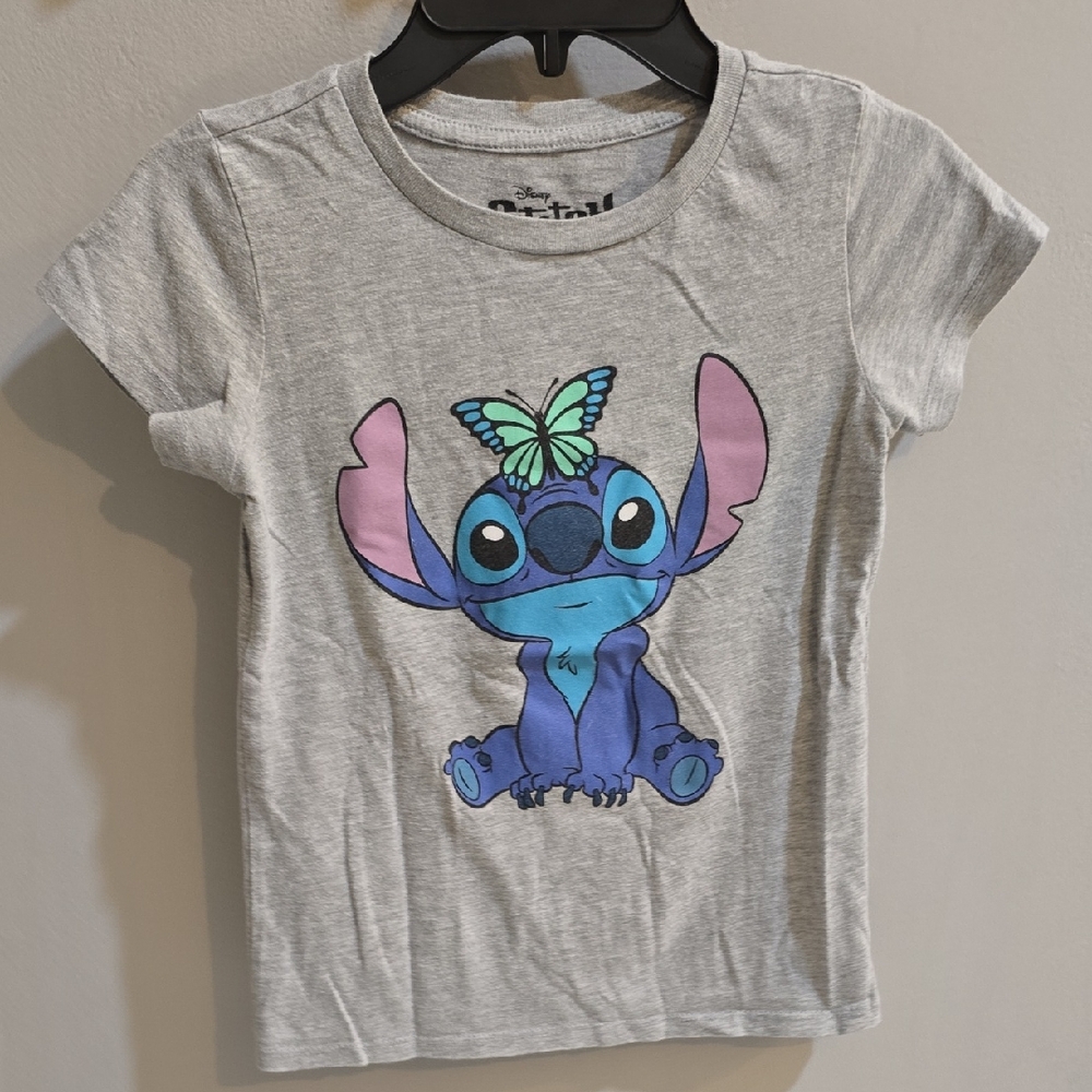 Used Girls Size 8 Disney Kids Gray T-Shirt with Blue Stitch and Butterfly